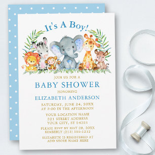 Invitation Aquarelle Safari Animaux Gold Boy Baby shower