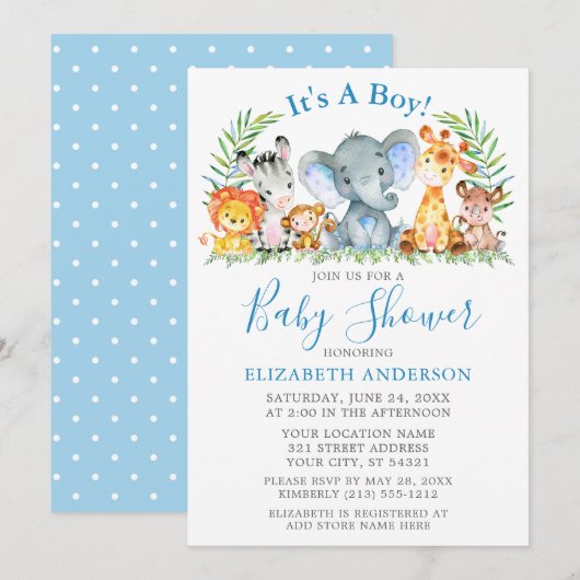Invitation Aquarelle Safari Animaux Pois Douche Bleue (Devant / Derrière)
