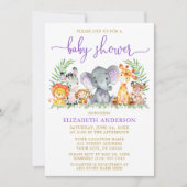 Invitation Aquarelle Safari Animaux Purple Baby shower Or (Devant)