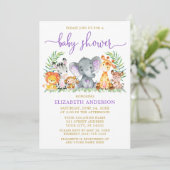 Invitation Aquarelle Safari Animaux Purple Baby shower Or (Debout devant)