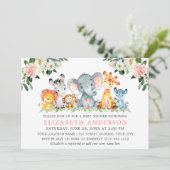 Invitation Aquarelle Safari Animaux Rose Blanc Floral Douche (Debout devant)