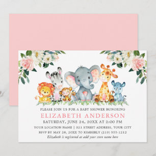 Invitation Aquarelle Safari Animaux Rose Blanc Floral Douche