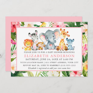 Invitation Aquarelle Safari Animaux Tropical Rose Douche