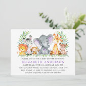 Invitation Aquarelle Safari Animaux Violet Baby shower (Debout devant)