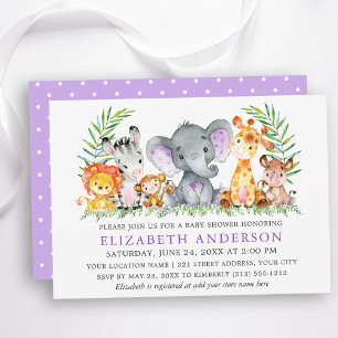 Invitation Aquarelle Safari Animaux Violet Dots Baby shower