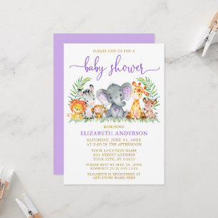 Invitation Aquarelle Safari Animaux Violet Douche Or