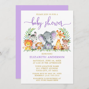 Invitation Aquarelle Safari Animaux Violet Douche Or