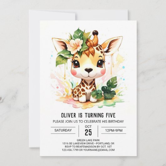 Invitation Aquarelle Safari Giraffe Anniversaire (Devant)