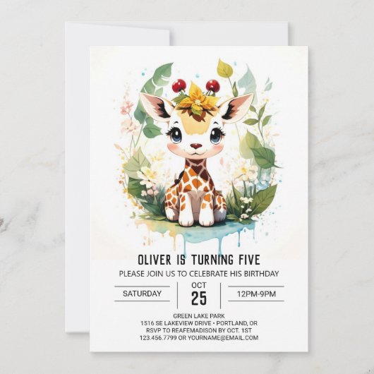 Invitation Aquarelle Safari Voyage Giraffe Anniversaire (Devant)
