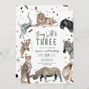 Invitation Aquarelle Safari Young Wild & Three Birday