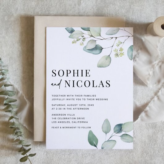 Invitation Aquarelle Sage vert Eucalyptus Mariage