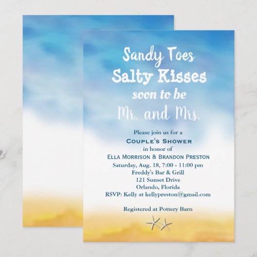 Invitation Aquarelle Sandy Toes Douche Couple - ciel & sable (Devant / Derrière)