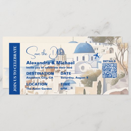 Invitation Aquarelle Santorin Destination mariage (Devant / Derrière)