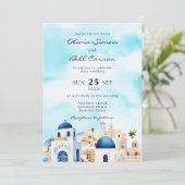 Invitation Aquarelle Santorin, Grèce destination mariage (Debout devant)