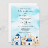 Invitation Aquarelle Santorin, Grèce destination mariage (Devant / Derrière)