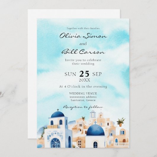 Invitation Aquarelle Santorin, Grèce destination mariage (Devant / Derrière)