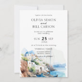 Invitation Aquarelle Santorin, Grèce destination mariage (Devant)