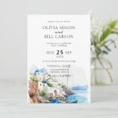 Invitation Aquarelle Santorin, Grèce destination mariage (Debout devant)