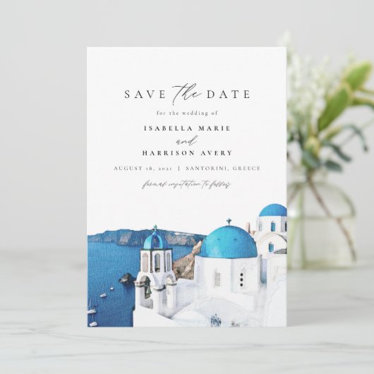 Invitation Aquarelle Santorini Grèce Skyline Enregistrer la d (Debout devant)