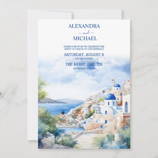 Invitation Aquarelle Santorini Grèce Skyline Mariage (Devant)
