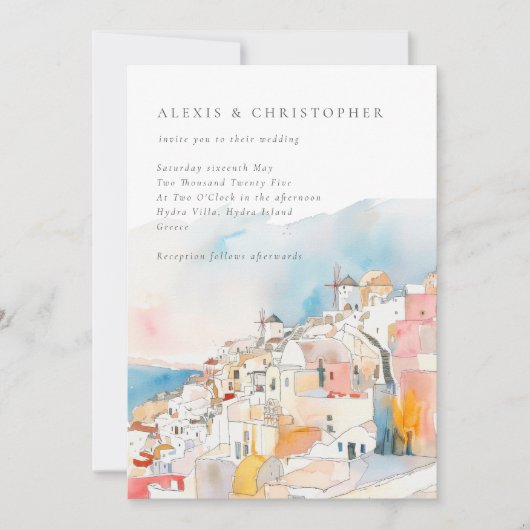 Invitation Aquarelle Santorini Mariage méditerranéen (Devant)