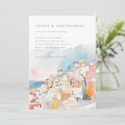 Invitation Aquarelle Santorini Mariage méditerranéen (Debout devant)