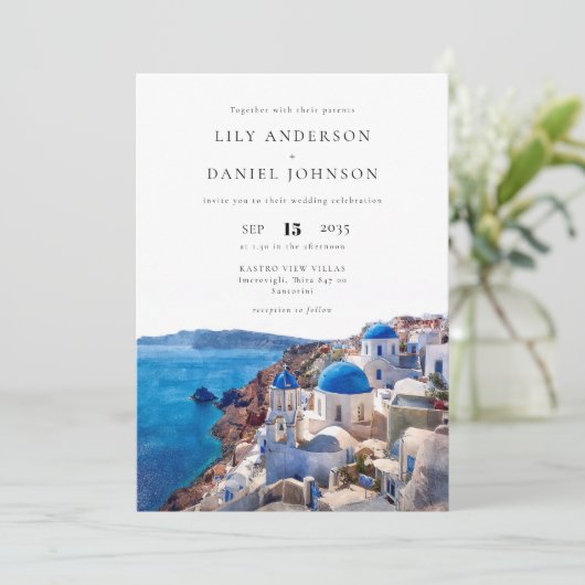 Invitation Aquarelle Santorini QR Code Grèce Mariage (Debout devant)
