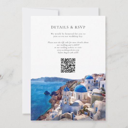 Invitation Aquarelle Santorini QR Code Grèce Mariage (Dos)