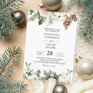 Invitation Aquarelle Sapin Vert d'Hiver & Fleurs Blanches