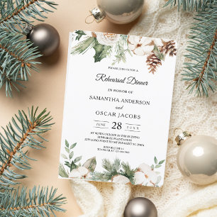 Invitation Aquarelle Sapin Vert d'Hiver & Fleurs Blanches