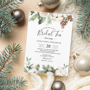 Invitation Aquarelle Sapin Vert Hiver & Fleurs Blanches
