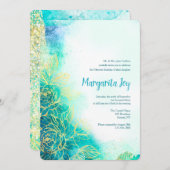 Invitation aquarelle sarcelle Fleurs Dorées (Devant / Derrière)