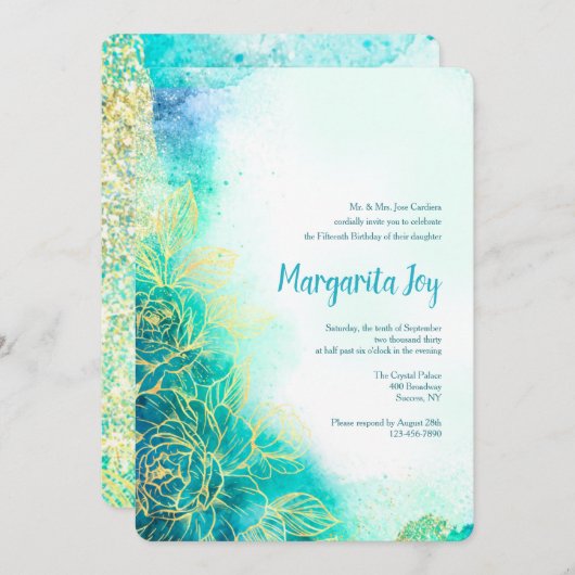 Invitation aquarelle sarcelle Fleurs Dorées (Devant / Derrière)