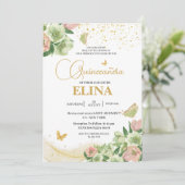 Invitation Aquarelle sauge vert rose floral Quinceañera (Debout devant)