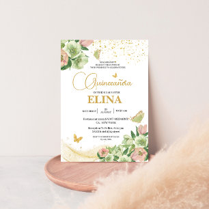Invitation Aquarelle sauge vert rose floral Quinceañera