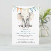 Invitation Aquarelle Sauvage Un Éléphant Bleu 1er anniversair (Debout devant)