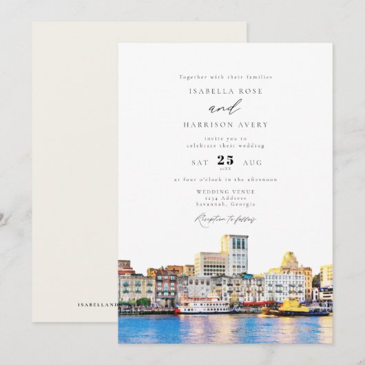 Invitation Aquarelle Savannah Georgia Skyline Paint Mariage (Devant / Derrière)