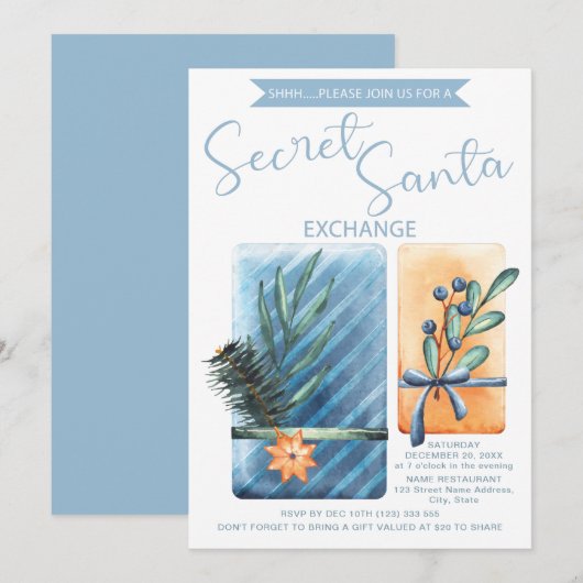 Invitation Aquarelle Secret Père Noël Christmas Party (Devant / Derrière)