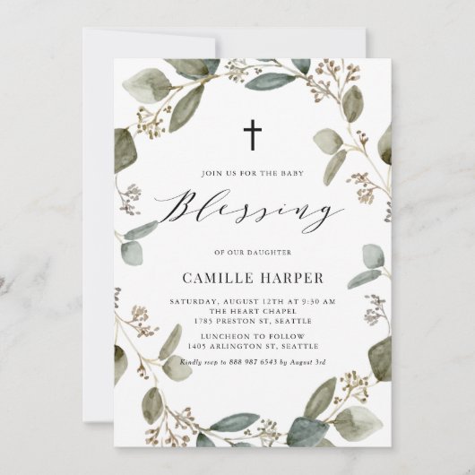 Invitation Aquarelle Semée Eucalyptus Wreath Baby Blessing (Devant)