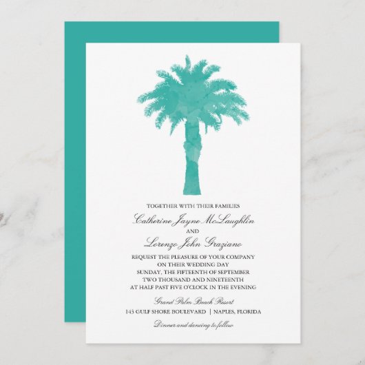 Invitation Aquarelle Serene Palm Tree | MARIAGE (Devant / Derrière)