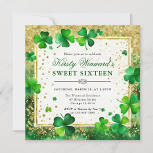 Invitation Aquarelle Shamrock Vert et Or Sweet Sixteen
