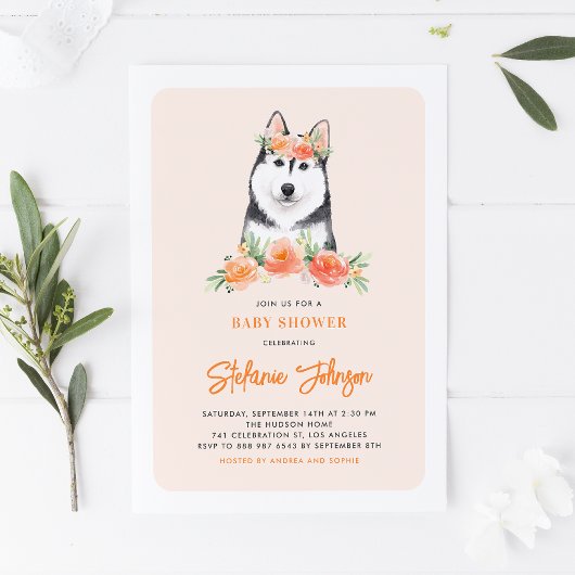 Invitation Aquarelle Sibérie Husky Pêche Baby shower Floral