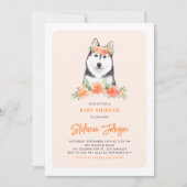 Invitation Aquarelle Sibérie Husky Pêche Baby shower Floral (Devant)