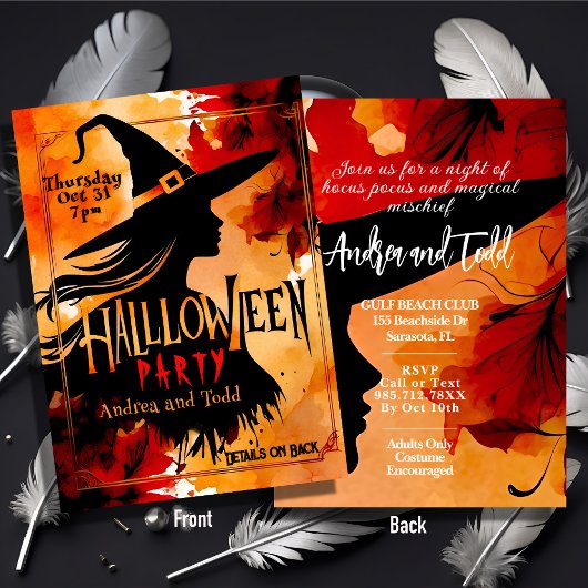 Invitation Aquarelle Silhouette sorcière modifiable Halloween