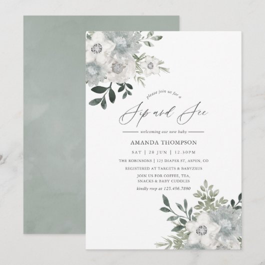 Invitation Aquarelle Silver Sage Floral Sip et voir (Devant / Derrière)