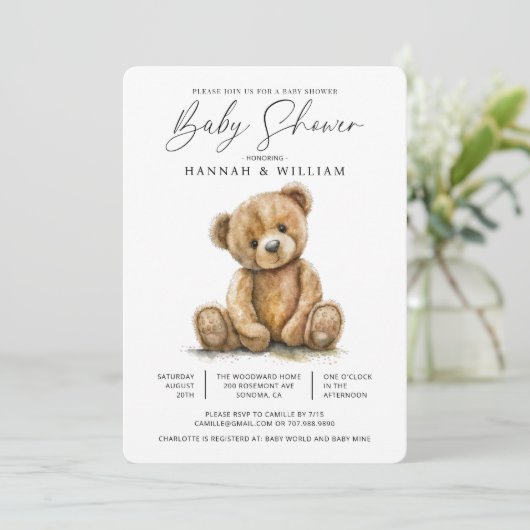 Invitation Aquarelle simple Baby shower d'ours en peluche (Debout devant)