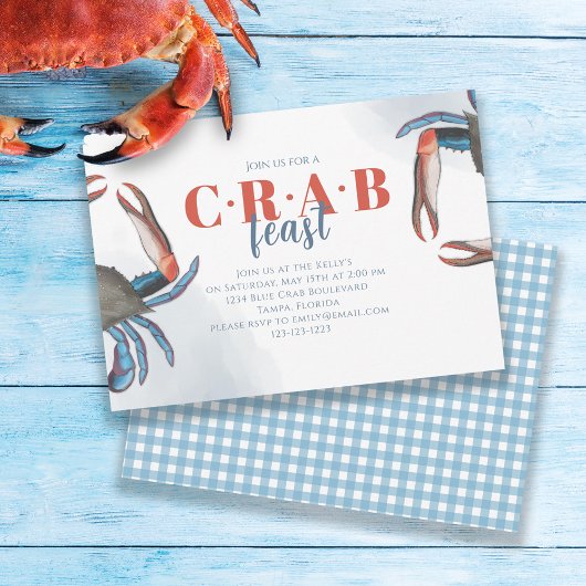 Invitation Aquarelle Simple Crabe bleu fête En vichy fête