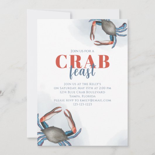 Invitation Aquarelle Simple Crabe Bleu Fête Ocean Party (Devant)