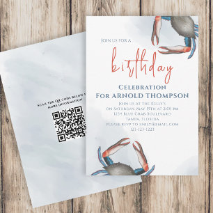 Invitation Aquarelle simple Crabe bleu Océan Code QR