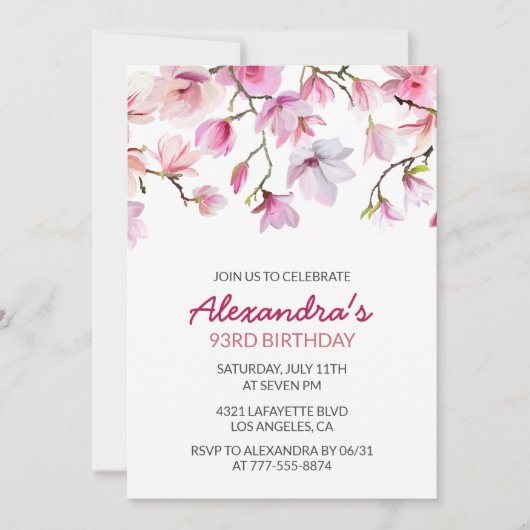 Invitation Aquarelle simple Elégante Boho rose 93e anniversai (Devant)